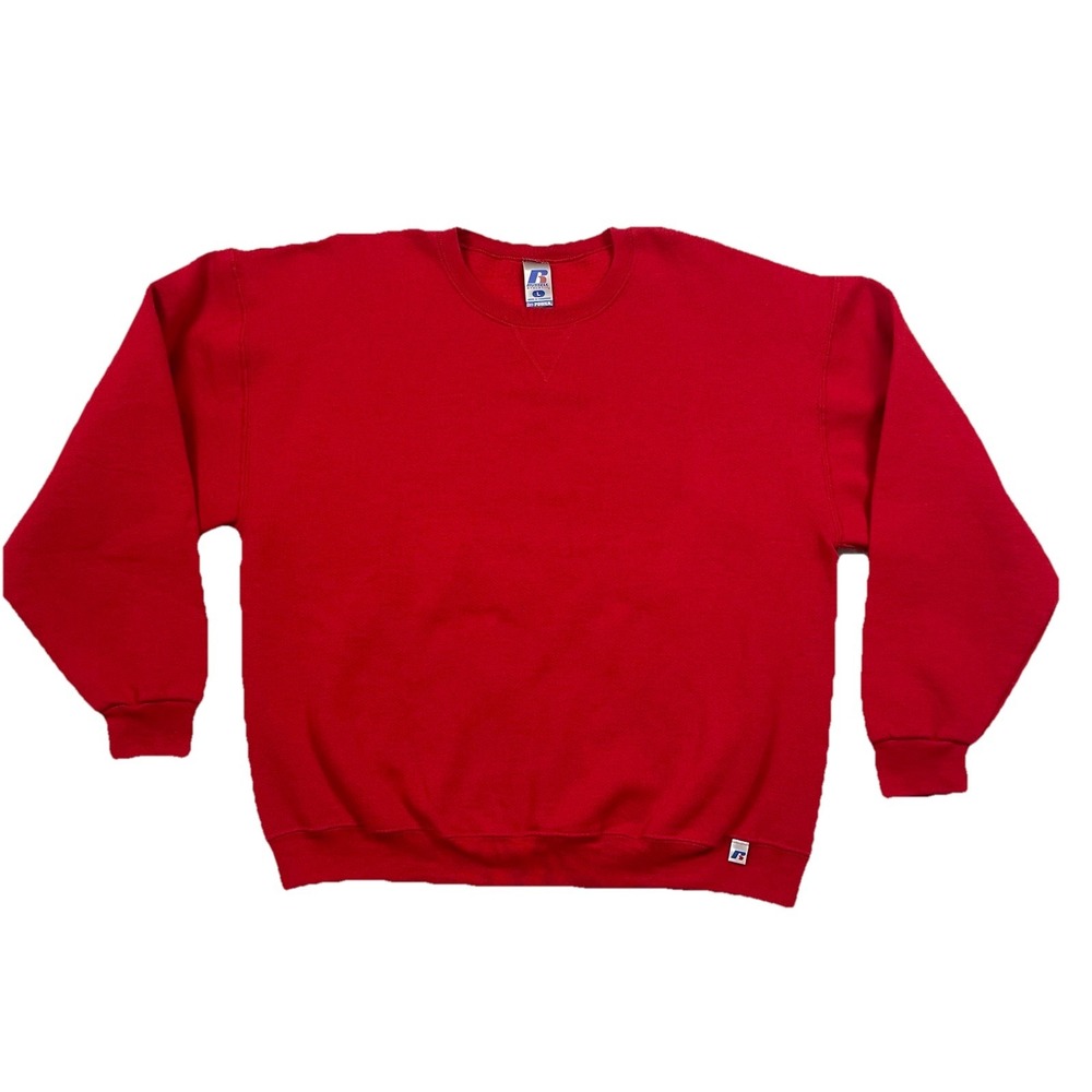 Vtg Russell Athletic Red Blank Crewneck Sweatshirt Mens L Y2K Boxy Fit V-Stitch